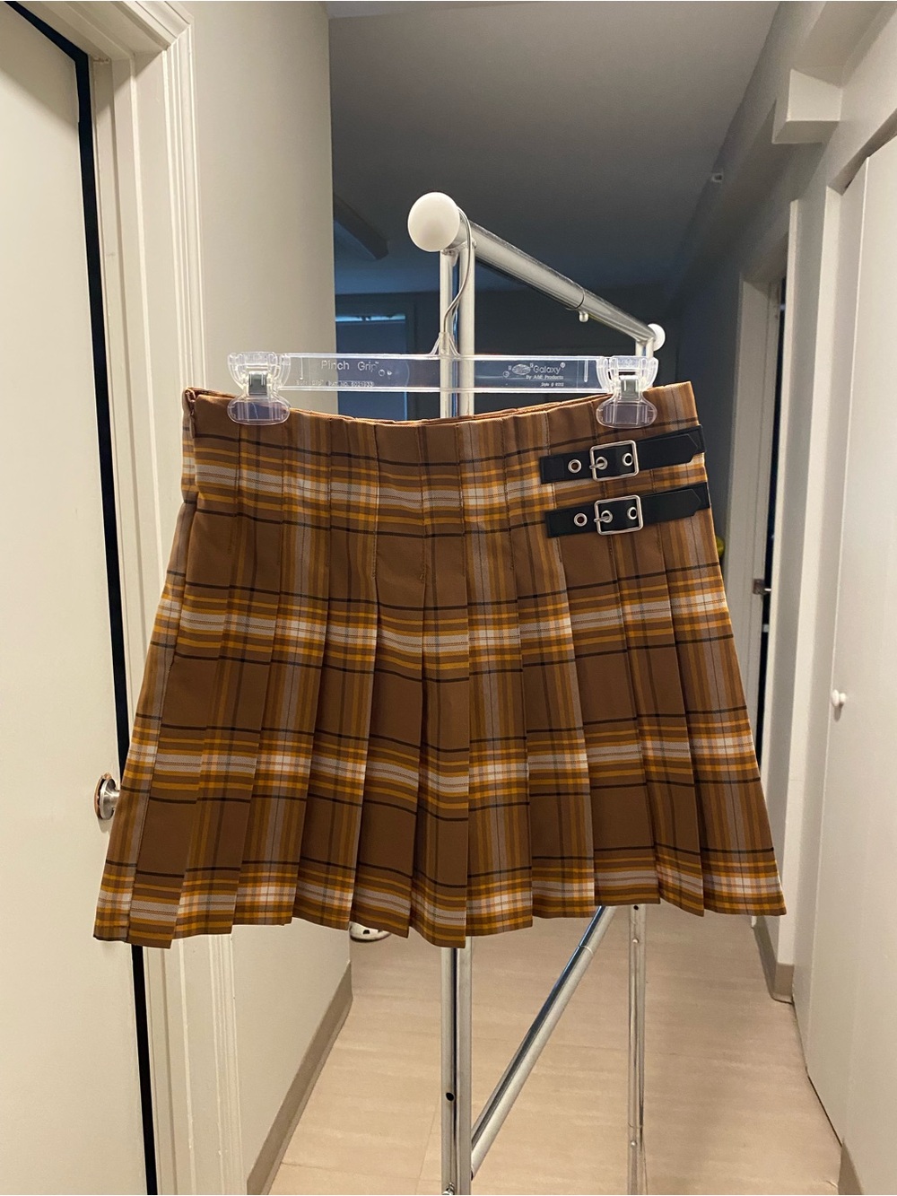 No Boundaries Brown Plaid Pleated Mini Skirt with Buckle Straps - Picture 2 of 9